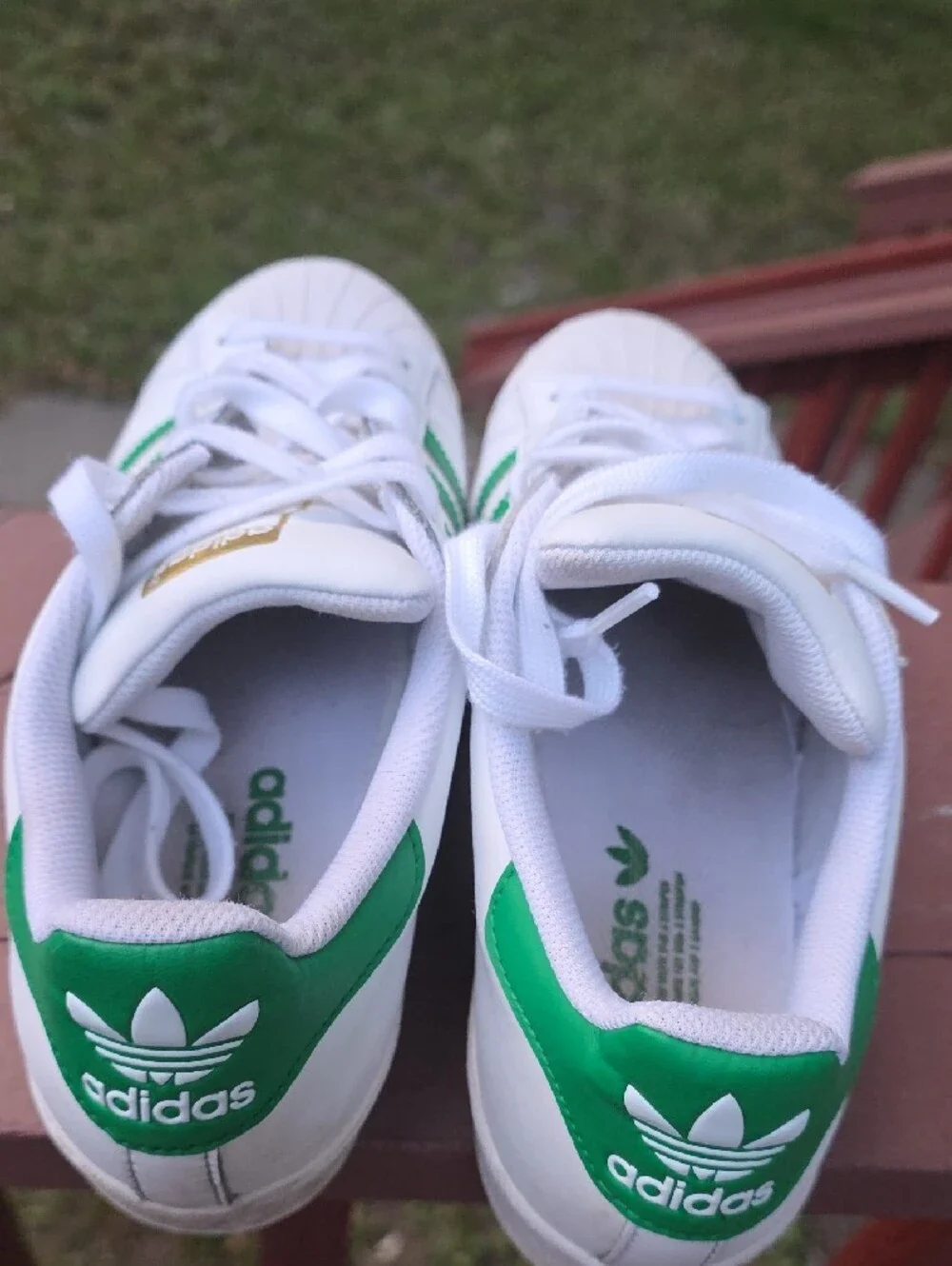 adidas White Sneakers with Green Stripes and Gold Accents